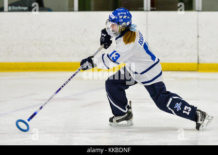 Novembre 28, 2017 - Mississauga, ON, Canada. i giocatori sul ghiaccio durante il 2017 ringette World Championships hockey gioco fra la Finlandia e gli Stati Uniti Foto Stock