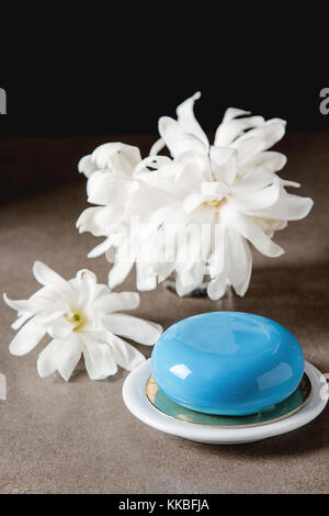 Mousse di moda la torta con una glassa a specchio decorato con fiori di primavera. sfondo scuro. Foto Stock