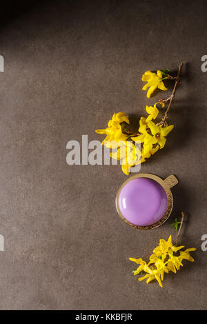 Mousse di moda la torta con una glassa a specchio decorato con fiori di primavera. sfondo scuro. Foto Stock