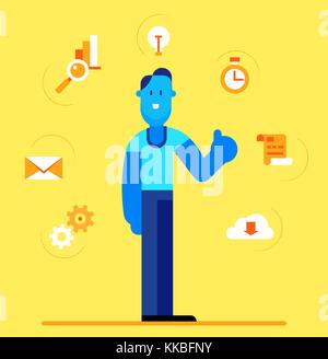 Vector flat-stile illustrazione di un uomo con un'idea lampadina sopra la sua testa larghezza giallo, arancione e gli elementi di colore blu Illustrazione Vettoriale