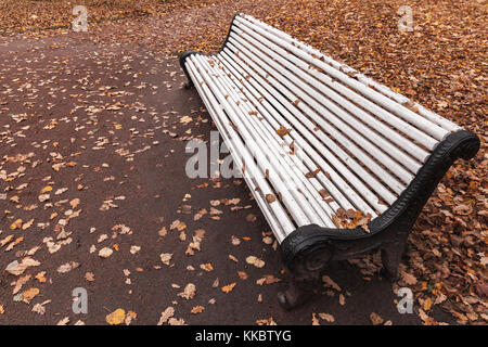 Bianco vuoto panca in legno sorge in autunno park, closeup photo Foto Stock