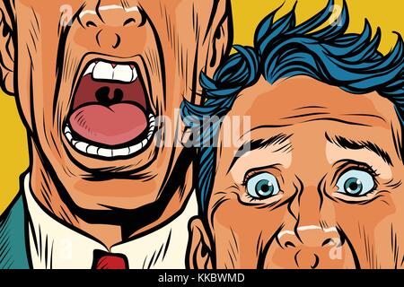 Close-up di occhi e bocca uomini grido, panico faccia. arte pop retrò illustrazione vettoriale Illustrazione Vettoriale