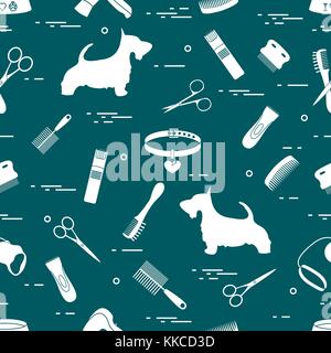 Modello con il cane, pettini, collare, guinzaglio, rasoio, asciugacapelli, ciotola, forbici. health care, toelettatura, prendersi cura di un cane, mostra. Illustrazione Vettoriale
