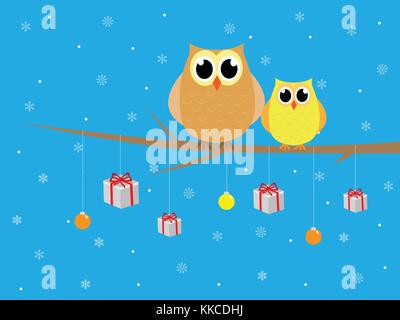 Carino Merry Christmas civette nella struttura ad albero con presenta Illustrazione Vettoriale