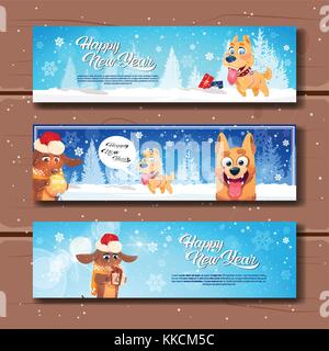 Set di felice anno nuovo Banner orizzontale con simpatici cani su legno sfondo testurizzata Illustrazione Vettoriale