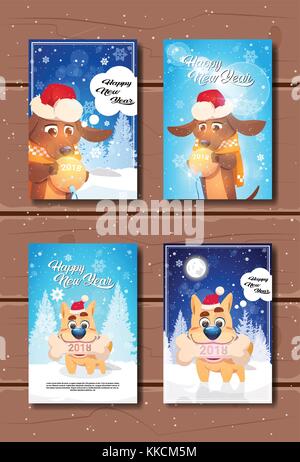 Set di felice anno nuovo biglietti di auguri con simpatici cani su legno sfondo testurizzata Illustrazione Vettoriale