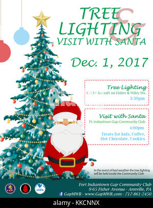 FORT INDIANTOWN GAP, Pa. - Installazione funzionari ospiterà un albero-cerimonia di illuminazione al 3:30 p.m. Venerdì 1 Dicembre presso l'angolo di Fisher Avenue e Wiley Road, vicino al C-130 Hercules (piano di carico) visualizzazione statica. In caso di condizioni atmosferiche avverse la cerimonia si terrà presso il Fort Indiantown Gap comunità Club sala da ballo. Brig. Gen. David Wood, direttore del personale comune, presiederà la cerimonia. Egli sarà accompagnato dal Lt. Col. Lane Marshall, Fort Indiantown Gap garrison commander. Santa arriverà alla cerimonia tramite un Fort Indiantown Gap camion dei pompieri. Il pubblico è invitare Foto Stock