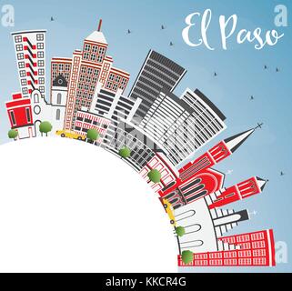 El paso usa skyline con edifici grigi, blu cielo e spazio copia. illustrazione vettoriale. viaggi di affari e di turismo con il concetto di architettura moderna. Illustrazione Vettoriale