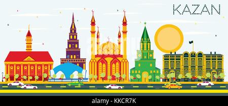 Lo skyline di kazan con edifici di colore e cielo blu. illustrazione vettoriale. viaggi di affari e di turismo con il concetto di architettura storica. Illustrazione Vettoriale