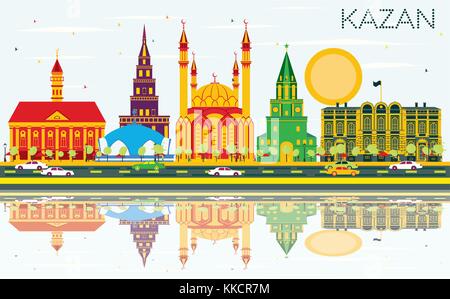 Lo skyline di kazan con edifici di colore, cielo blu e riflessi. illustrazione vettoriale. viaggi di affari e di turismo con il concetto di architettura storica. Illustrazione Vettoriale