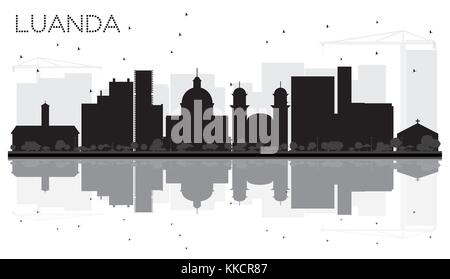 Luanda Angola skyline della città in bianco e nero con silhouette riflessioni. Illustrazione Vettoriale. Business travel concept. Paesaggio con punti di riferimento. Illustrazione Vettoriale