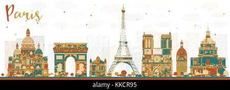 Parigi Francia Skyline con punti di riferimento di colore. Illustrazione Vettoriale. Viaggi di affari e turismo concetto con edifici storici. Paesaggio urbano di Parigi. Illustrazione Vettoriale