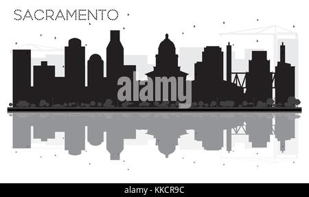 Sacramento dello skyline della città in bianco e nero con silhouette riflessioni. illustrazione vettoriale. business travel concept. cityscape con punti di riferimento. Illustrazione Vettoriale