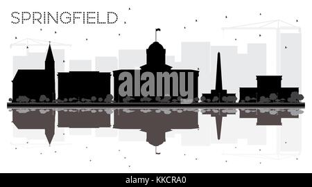 Springfield Illinois skyline della città in bianco e nero con silhouette riflessioni. Illustrazione Vettoriale. Business travel concept. Paesaggio con i punti di riferimento Illustrazione Vettoriale