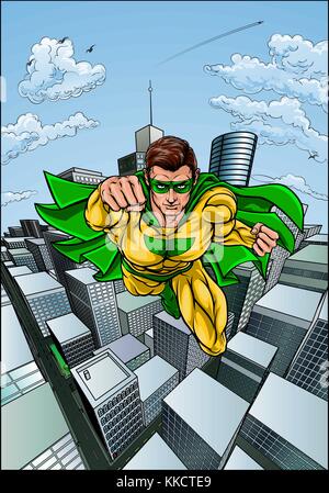 Fumetto Flying Superhero City Illustrazione Vettoriale