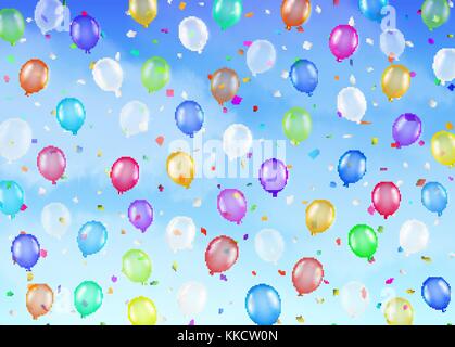 Real palloncini colorati galleggiante sul cielo luminoso Illustrazione Vettoriale