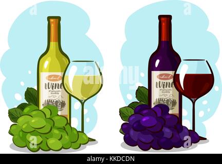 Bottiglia di vino rosso o bianco, bicchiere e uva. Concetto di azienda vinicola. Illustrazione vettoriale dei cartoni animati Illustrazione Vettoriale