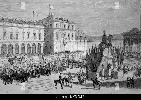 Omaggio del Re del Portogallo sulla piazza principale di Lisbona, Dom Ferdinando II, Fernando II, 1816 - 1885, un tedesco principe della casa di Sassonia Coburgo - Gotha e Gotha-Kohary, e re di Portogallo jure uxoris, immagini del tempo di 1855, digitale migliorata la riproduzione di un originale xilografia Foto Stock