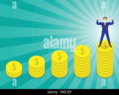 Il concetto di business come un imprenditore muscolare in piedi sul pinnacolo del golden monete impilate grafico. esso significa forza di auto performance riesce profitto. Illustrazione Vettoriale