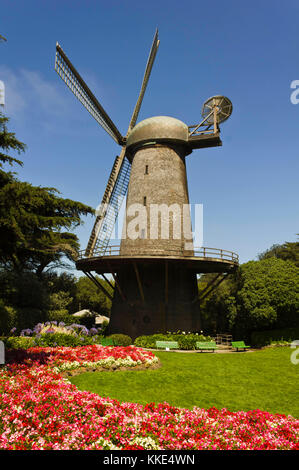 San francisco, Stati Uniti d'America - 13 agosto 2013: san francisco mulino a vento olandese, che si trova sul bordo occidentale del Golden Gate Park, con fiori colorati Foto Stock