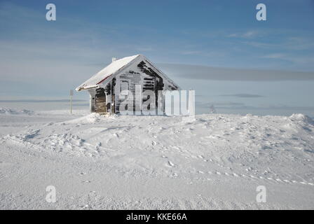 Piccola casa di registro, meteo rifugio sulla cima della montagna in una soleggiata giornata invernale Foto Stock