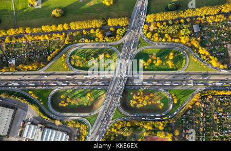 Autobahnkreuz Kleeblatt, A40 e A59 a rush, ingorghi sulla A40 vicino a Duisburg, giardini di assegnazione, associazione di aggiudicazione KGV Neuland, Kleinga Foto Stock