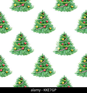 Decorativi disegnati a mano acquerello seamless pattern con albero di natale su sfondo bianco Foto Stock