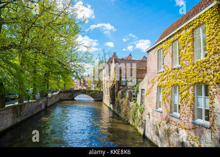 Bruges cityscape con acqua sul canale e sul Ponte Meestraat, Fiandre, in Belgio Foto Stock