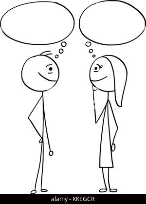 Cartoon stick uomo disegno illustrativo di sorridere l uomo e la donna che parla con vuoto vuoto del testo del discorso di bolle palloncini. Illustrazione Vettoriale