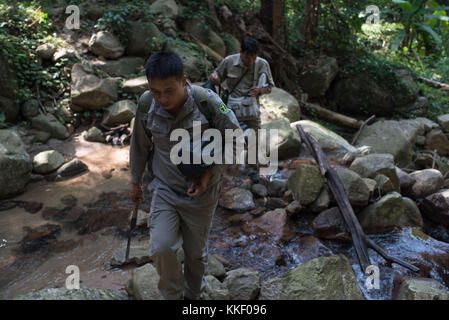 (171202) -- HAIKOU, 2 dicembre 2017 (Xinhua) -- foto scattata il 25 ottobre 2017 mostra due membri del gruppo di monitoraggio di Hainan gibbon che camminano nella riserva naturale nazionale di Bawangling a Changjiang, nella provincia cinese di Hainan. L'Hainan gibbon, o Nomascus Hainanus, è il primate più raro del mondo e probabilmente la specie di mammiferi più rara. Una volta contati intorno ai 2.000 nel 1950, subirono un brusco declino alla fine del XX secolo in gran parte a causa della perdita dell'habitat e della caccia. In genere vive in alberi della foresta pluviale alti oltre 10 metri, il gibbon nero crestato Hainan (Nomascus hainanus), con braccia e gambe lunghe bu Foto Stock