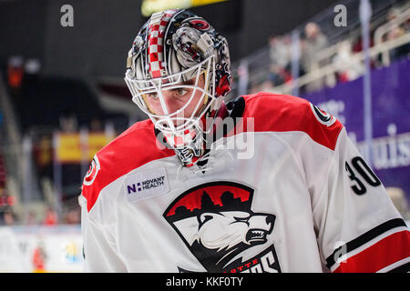 Charlotte G Nedeljkovic (30) durante l'AHL hockey gioco tra lo Springfield Thunderbirds e il Charlotte Checkers venerdì 1 dicembre 2017 a Bojangles Coliseum di Charlotte, NC. Giacobbe Kupferman/CSM Foto Stock