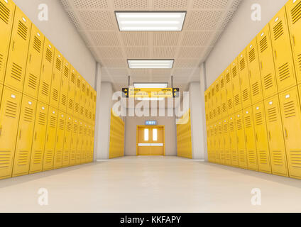 Uno sguardo verso il basso una ben illuminata e pulire le scuole corridoio di armadietti giallo - 3D render Foto Stock