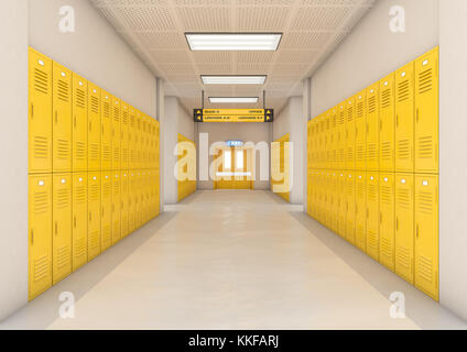 Uno sguardo verso il basso una ben illuminata e pulire le scuole corridoio di armadietti giallo - 3D render Foto Stock