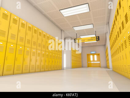 Uno sguardo verso il basso una ben illuminata e pulire le scuole corridoio di armadietti giallo - 3D render Foto Stock