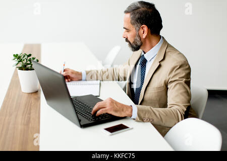 Bello di mezza età imprenditore lavorando sul computer portatile in ufficio moderno Foto Stock