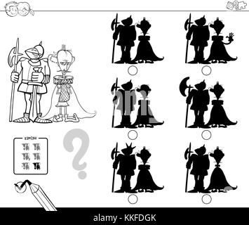 Bianco e nero cartoon illustrazione di trovare l'ombra senza differenze di attività educative per i bambini con il re e il cavaliere charact medievale Illustrazione Vettoriale