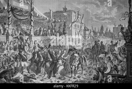 La vittoria delle truppe bavaresi a Monaco di Baviera il 16 luglio 1871, saluto del Principe Ereditario del Reich Tedesco presso la University Square, Germania, guerra franco-tedesca 1870/71, guerra franco-prussiana o guerra franco-tedesca, la guerra di 1870, un conflitto tra il secondo impero francese di Napoleone III e gli stati tedeschi del Nord tedesco Confederazione guidata dal Regno di Prussia, digitale migliorata la riproduzione di un originale xilografia Foto Stock