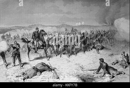 La guardia prussiana alla battaglia di Sedan la mattina del 1 settembre, guerra franco-tedesca 1870/71, guerra franco-prussiana o guerra franco-tedesca, la guerra di 1870, un conflitto tra il secondo impero francese di Napoleone III e gli stati tedeschi del Nord tedesco Confederazione guidata dal Regno di Prussia, digitale migliorata la riproduzione di un originale xilografia Foto Stock