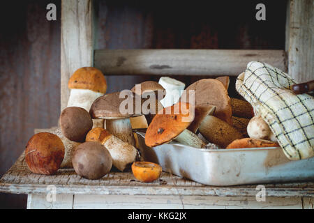 Foresta commestibili funghi (betulla bolete - leccinum scabrum e aspen mushroom - Boletus edulis ) nel vassoio di alluminio con scacchi asciugamano da cucina sopra il vecchio Foto Stock
