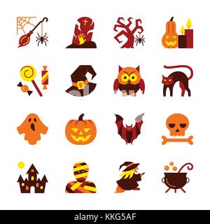 Halloween icon set. Design piatto di raccolta di simbolo Illustrazione Vettoriale