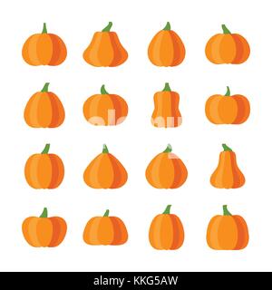 Zucca di Halloween icona set piatto di raccolta di stile Illustrazione Vettoriale