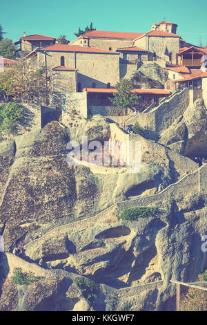 Il grande monastero meteoron, Tessaglia, Grecia. in stile retrò tonica Foto Stock