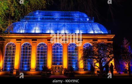 Edimburgo, Scozia, Regno Unito, 30 novembre 2017. Night Time outdoor trail di luce mostra festeggiano il Natale presso il Royal Botanic Garden Edinburgh. Il Vittoriano palm temperate casa di vetro è illuminato di notte in colorate blu e arancione Foto Stock