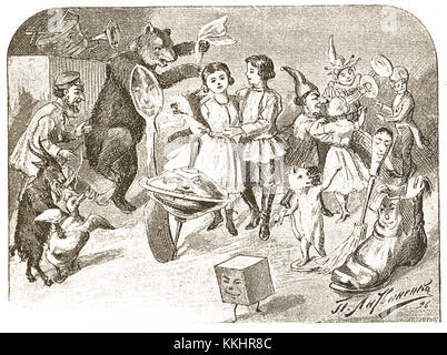 Questa illustrazione dell'edizione 1900 delle fiabe di Alyonushka ritrae una scena della fiaba russa. Cattura lo stile visivo delle illustrazioni russe dell'inizio del XX secolo. Foto Stock