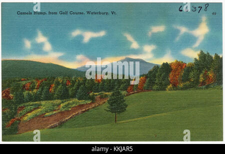 Questa vista del Camels Hump, catturata da un campo da golf di Waterbury, Vermont, offre un panorama mozzafiato dell'iconica montagna. Conosciuta per la sua forma distintiva, la gobba dei cammelli è una caratteristica importante nelle Green Mountains del Vermont. Foto Stock