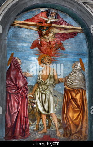 Andrea del Castagno, Santissima Trinità, San Girolamo e due Santi, 1453, (affresco), . Annunziata, Firenze la Basilica della Santissima Annunziata in stile rinascimentale, Firenze, Italia, Annunciazione Italiana, benedetta, Vergine Maria, l'annuncio da parte dell'angelo Gabriele, Maria che avrebbe concepito, portare un figlio attraverso una, vergine nascita, diventare la, madre di Gesù Cristo, Messia cristiana e Figlio di Dio, Incarnazione, Foto Stock