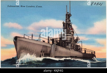 Un sottomarino fotografato a New London, Connecticut, sottolinea l'importanza della base navale situata nella città. New London è sede di una base sottomarina chiave che supporta le operazioni della Marina degli Stati Uniti, tra cui addestramento, manutenzione e dispiegamenti. La base è centrale per la difesa marittima degli Stati Uniti. Foto Stock