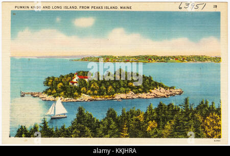 Questa fotografia cattura una vista di Pumpkin Knob e Long Island, vista da Peaks Island, Maine. L'immagine mostra la bellezza naturale della costa del Maine, evidenziando il suo paesaggio aspro e le sue acque panoramiche. Foto Stock