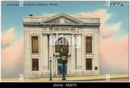 La First National Bank in Lebanon, Pennsylvania, è un'istituzione finanziaria storica nota per il suo ruolo nella storia bancaria locale. L'edificio si erge come un punto di riferimento dello sviluppo economico dell'regionÂ tra la fine del XIX e l'inizio del XX secolo. Foto Stock