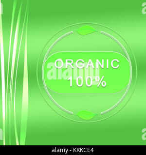 100% organico etichetta su sfondo verde con foglie Foto Stock